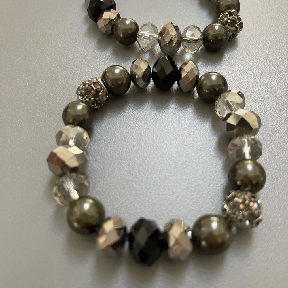 2 Beaded Stacking Bracelets with Black, Silver, Hematite, Rhinestone